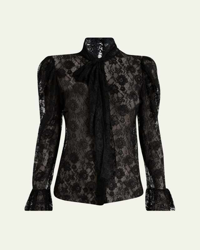 Tie-Neck Lace Button-Down Blouse